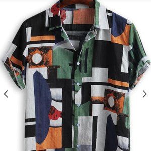 Geometric Spliced Print Button Down Shirt - Multi-